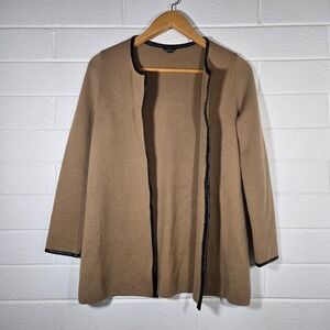 Talbots Merino Wool Faux Leather Trim Open Cardigan Medium Petite Minimalist